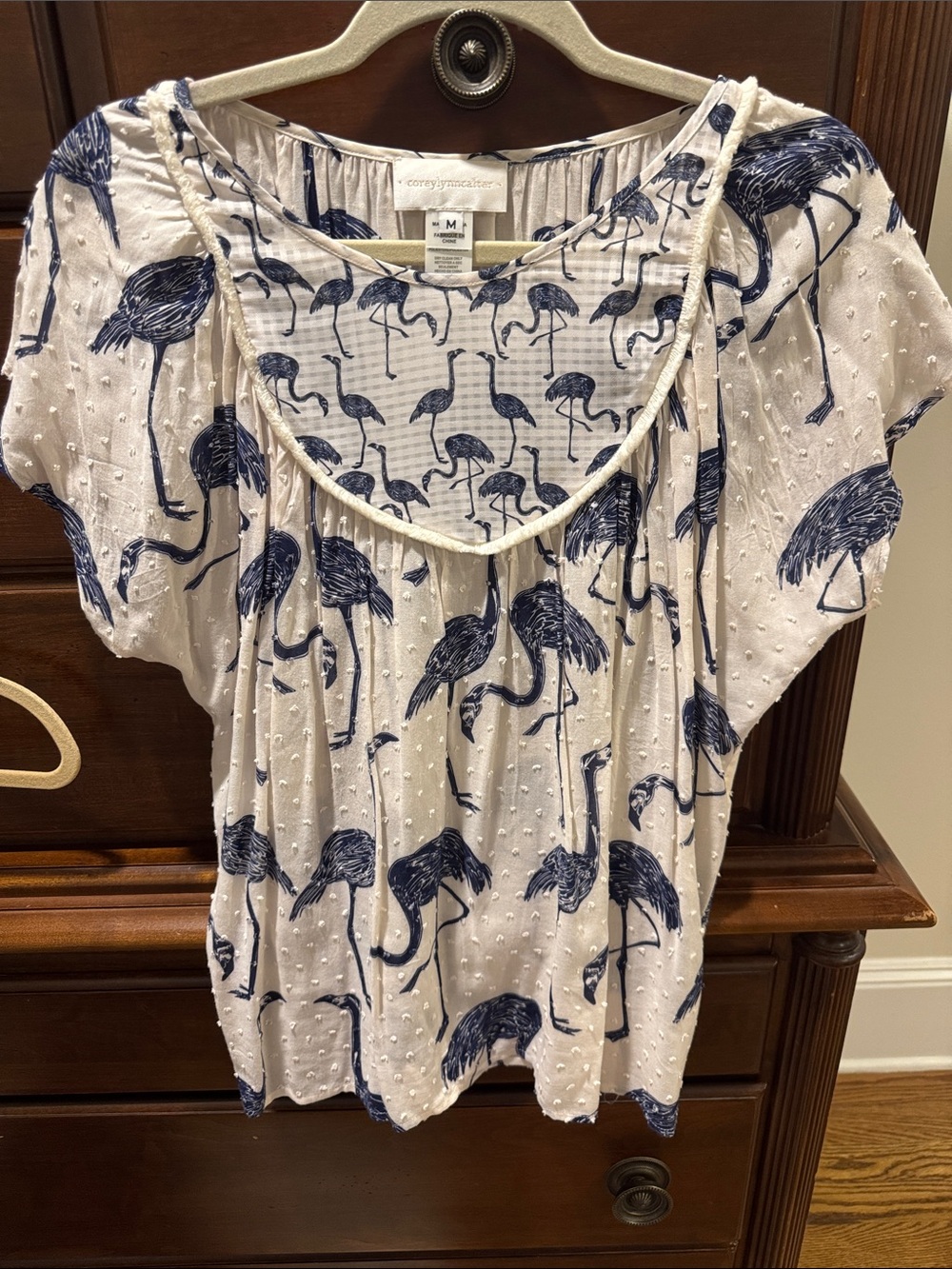 Corey Lynn Calter White Top with Navy Flamingo Print